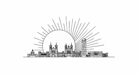 Obraz premium Stylized line art skyline with sunburst