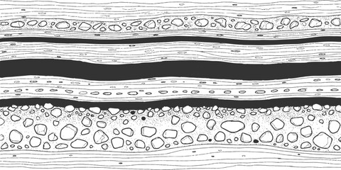 Geological earth layers cross section diagram with soil rock strata hand drawn line art background vector illustration. © Artful