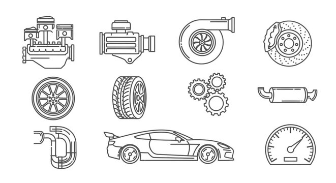 Car Parts and Engine Components Line Art Icons Set