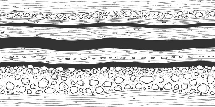 Geological earth layers cross section diagram with soil rock strata hand drawn line art background vector illustration.
