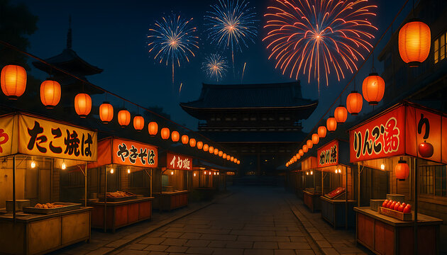 神社参道の夏祭り屋台と夜空に広がる花火