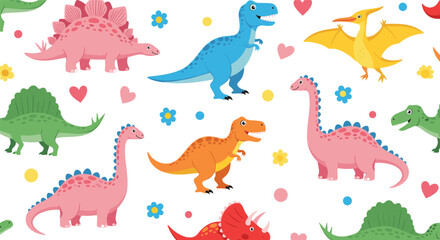 Cute Cartoon Dinosaur Pattern with Tyrannosaurus, Triceratops, Brachiosaurus, Stegosaurus, Pterodactyl and Decorative Hearts Flowers for Kids Vector Design © Rafika