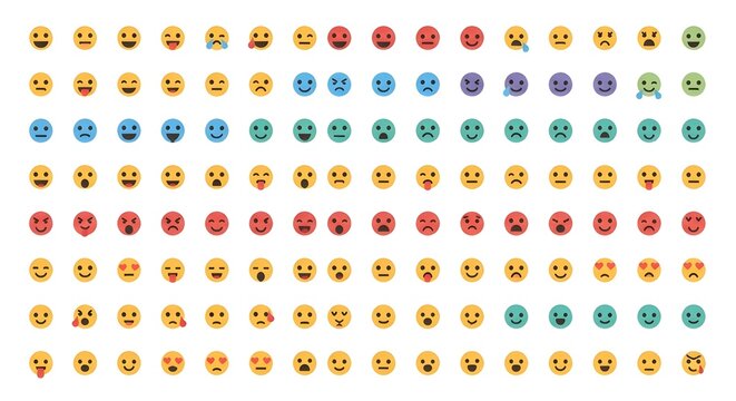 Collection of Diverse Emoji Faces Expressing Various Emotions and Reactions.