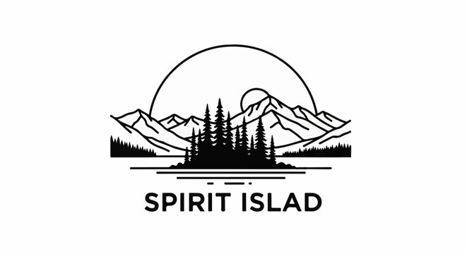 Stylized mountain range with trees and sun over water. Stylized logo