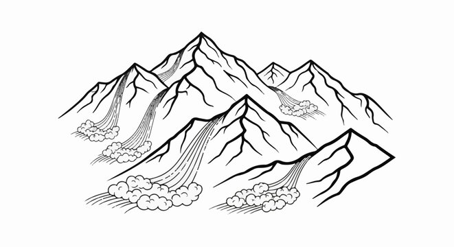 Stylized mountains with waterfalls cascading down their slopes into clouds