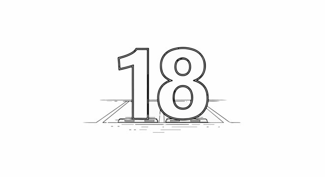 Stylized number 18 on a perspective road-like surface, black outline