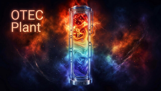 OTEC Plant with colorful heat exchange system and vibrant nebula background