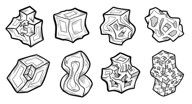 Abstract geometric shapes, crystals, polygons, hand-drawn outline icons, set