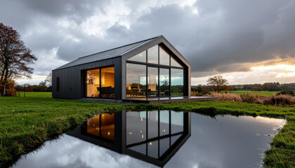 Fototapeta premium Modern house with reflection in water