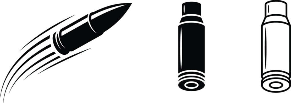 Flying Bullet with Speed Motion Lines and Ammunition Cartridge Icon Set for Shooting Sports, Firearms Safety Education, Hunting Graphics, and Military Tactical Media Designs
