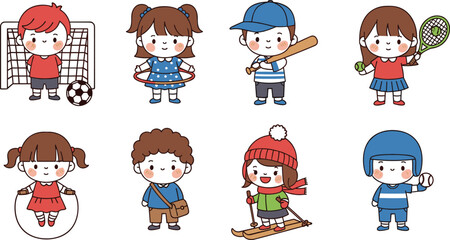 Fototapeta premium Children Playing Sports and Activities Vector Set with Soccer, Baseball, Tennis, Jump Rope, School Bag, Skiing, and American Football Illustrations for Kids and Outdoor Fun