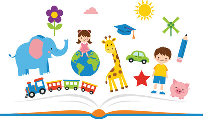 Fototapeta premium Educational Kids Learning Vector Set with Open Book, Elephant, Giraffe, Globe, Train, Pig, and Children Cartoon Illustrations for Preschool and Classroom Designs