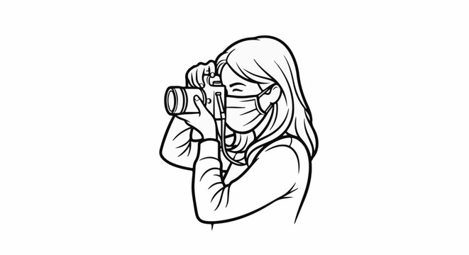 Stylized outline of a person with long hair wearing a face mask and taking a photo with a camera