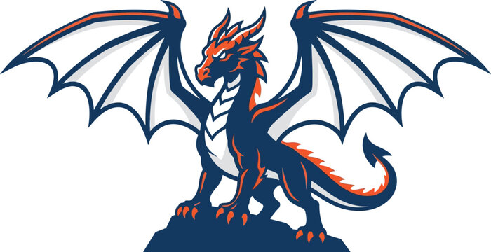 Illustration of a mythical dragon with orange and blue scales standing on a rock with wings spread wide
