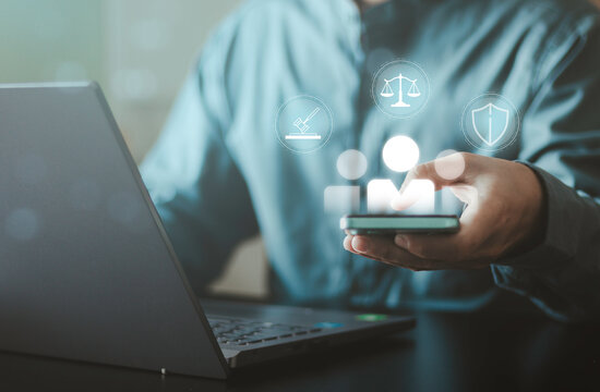 Online legal service and compliance protection concept with law, security and justice icons, digital legal system, regulatory compliance, business protection, legal consultation and risk management.