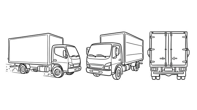 A collection of professional commercial delivery trucks showcasing different angles including side view and rear view with a clean minimalist aesthetic perfect for logistics, shipping, transportation,