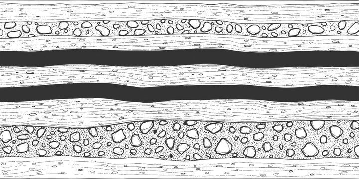 Geological earth layers cross section diagram with soil rock strata hand drawn line art background vector illustration.