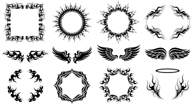 Tribal Ornaments and Frames Collection: Flames, Wings, Circles, Square