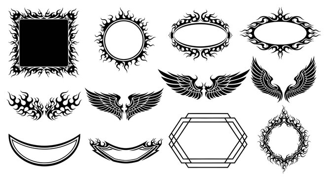 Tribal Flame and Wing Ornaments: Frames, Borders, and Emblems