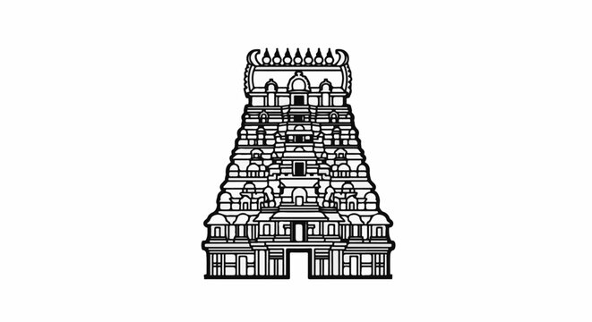 Stylized line drawing of a tiered Indian temple tower on white background