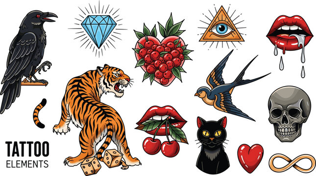 Collection of traditional tattoo flash elements featuring a roaring tiger, black raven, skull, diamond, swallow bird, and anatomical heart for classic streetwear and edgy graphic design.
