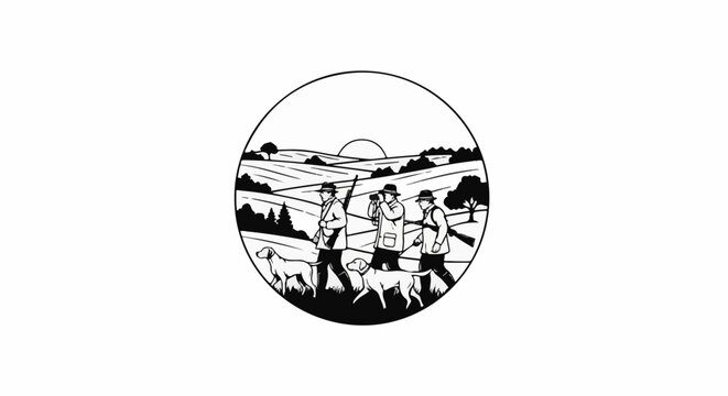 Three hunters and dogs walk through fields at sunset