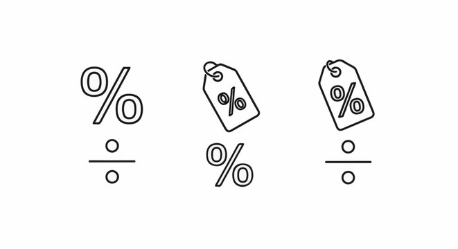 Three icons percentage, price tag, and division symbol