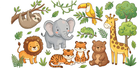 Fototapeta premium Adorable Jungle Animal Vector Set Featuring Cute Elephant Lion Giraffe Tiger Bear Sloth and Toucan Illustrations for Kids Nursery Decor and Educational Designs.