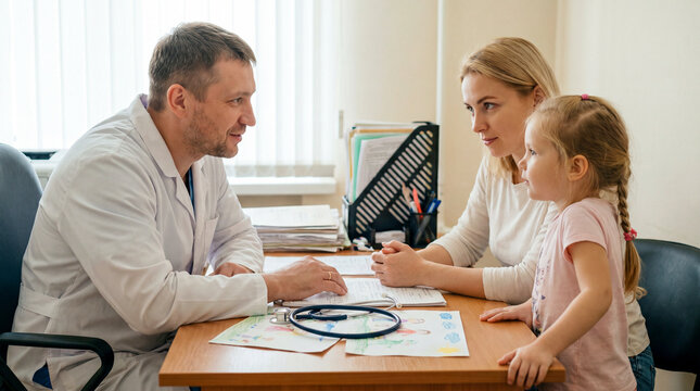 A pediatrician consults a woman with a child in the office of a polyclinic. Doctor's appointment