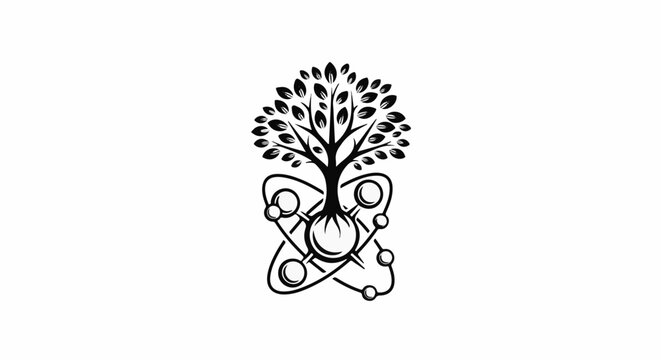 Stylized tree of life intertwined with atomic orbits and electrons