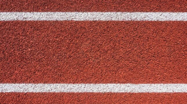A red running track with white lane markings. The image shows a close-up view of the textured surface of the track, highlighting the parallel lines.