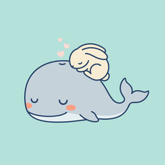 Obraz premium Cute Whale and Rabbit Sleeping, Kawaii Marine Life Friends, Sweet Dreams Concept, Ocean Adventure, Minimalist Flat Vector Character Illustration Set