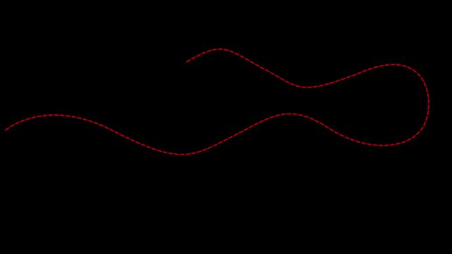 Animated red dashed line forms wavy abstract motion background, red line animated line