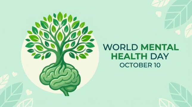 World Mental Health Day Banner with Green Brain and Foliage