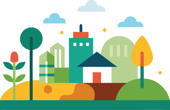 Modern city skyline with green nature elements flat vector design