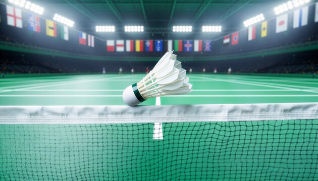 A professional shuttlecock on a badminton net in a grand international arena decorated with world flags under bright stadium lights.