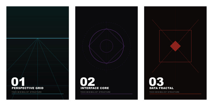 Set of three tech minimalist structure posters with geometric lines, perspective grid, and abstract shapes texture design