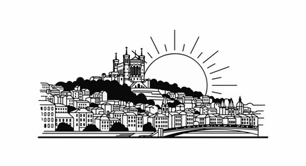 Fototapeta premium Stylized silhouette of a historic European city skyline with a prominent basilica and rising sun