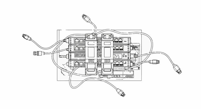 Top-down schematic of a complex electronic device with multiple input/output ports