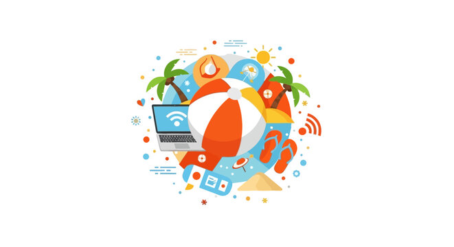 Digital Nomad Lifestyle Concept Vector Illustration with Laptop, Palm Trees, and Beach Elements for Remote Work and Summer Travel