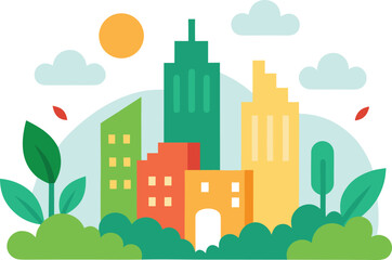 Obraz premium Colorful urban cityscape with green trees flat vector illustration