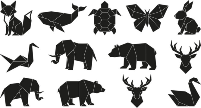 Low Poly Animal Icons Set with Bear Elephant Deer Fox Whale Turtle Butterfly Rabbit and Geometric Wildlife Shapes for Modern Nature Design Collection