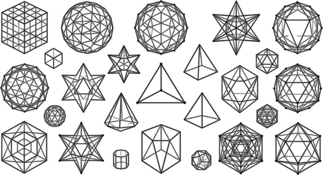 Geometric Wireframe Shapes Set with Polyhedron Cube Sphere and Abstract 3D Structures Collection for Technology Design Science and Modern Vector Illustration