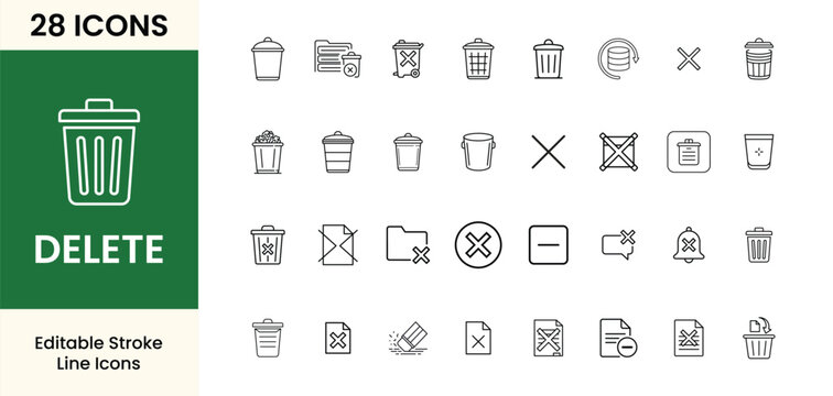  &ldquo; Delete Glyph Icon set &rdquo; black and white minimal Trash Can, Bin, Cross Mark, Eraser, Remove linear icon set, silhouette vector illustration on white background.