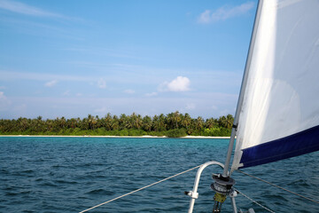 Sailing boat approaching tropical island with palm trees and white beach © VuVan