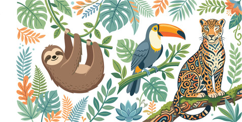 Fototapeta premium Artistic Tropical Jungle Vector Scene Featuring Stylized Jaguar Sloth and Toucan with Exotic Monstera Leaves and Flowers for Decorative Wall Art and Textile Patterns.