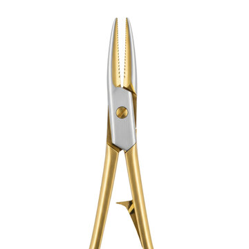 Gold plated surgical hemostat with serrated jaws on white background with macro focus on polished metal and craftsmanship concept of medical precision