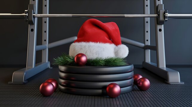 Santa hat on gym weights with Christmas ornaments in festive gym setting