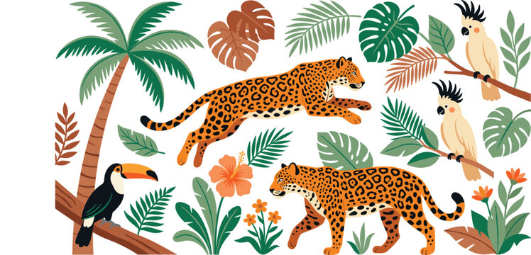 Artistic Tropical Jungle Vector Set Featuring Leopards Toucan and Cockatoo Birds with Exotic Palm Leaves and Flowers for Home Decor Pattern and Textile Designs