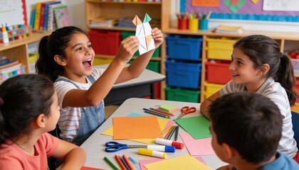 Diverse group of elementary students making paper crafts in classroom. Excited girl holding up origami project. Creative school activity and hands-on learning for children